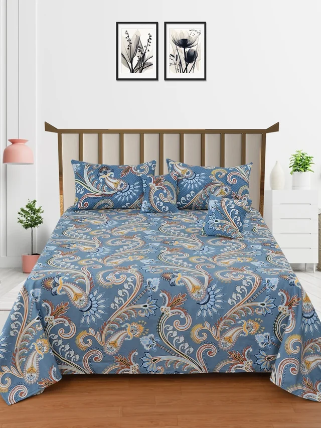 MORADO Glace Cotton 5 Pcs Quilted Bedding Set | Double Bed Size Bedsheet With 2 Pillow Covers And 2 Filled Cushions (90x100 Inches - Blue) - 90x100 Inches, Blue