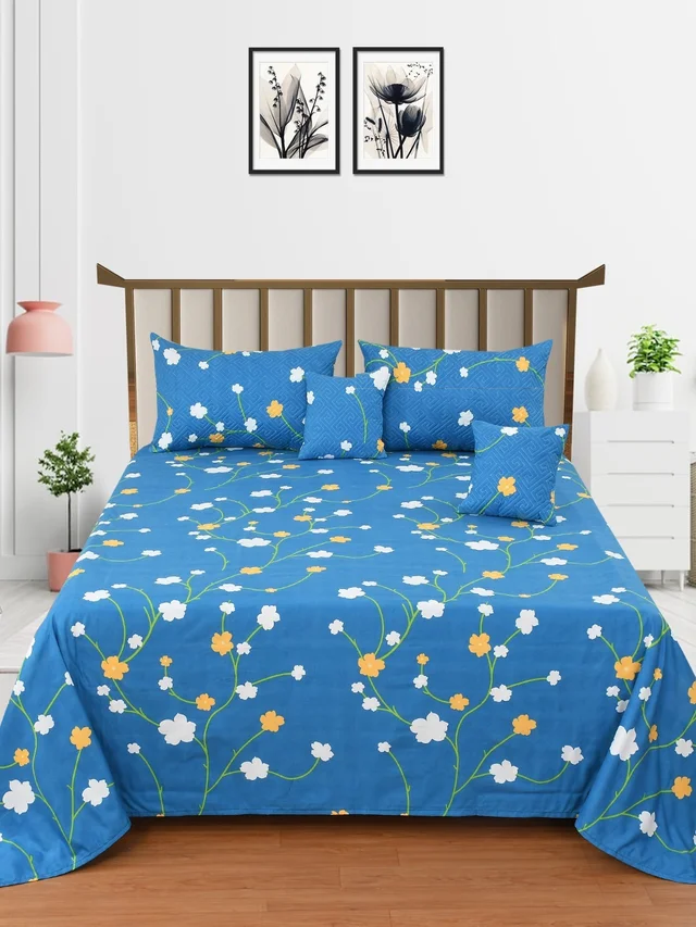 MORADO Glace Cotton 5 Pcs Quilted Bedding Set | Double Bed Size Bedsheet with 2 Pillow Covers and 2 Filled Cushions (90x100 Inches - Blue) - 90x100 Inches, Blue