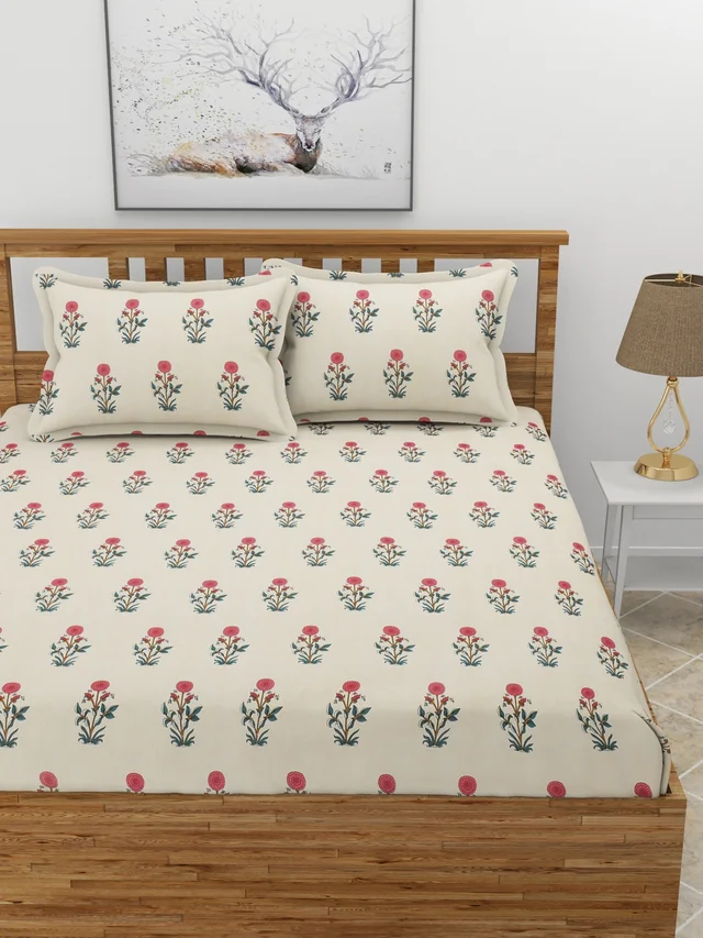 MORADO Premium Glace Cotton Double Bedsheet with 2 King Size Pillow Covers (90x100 Inches) - Offwhite