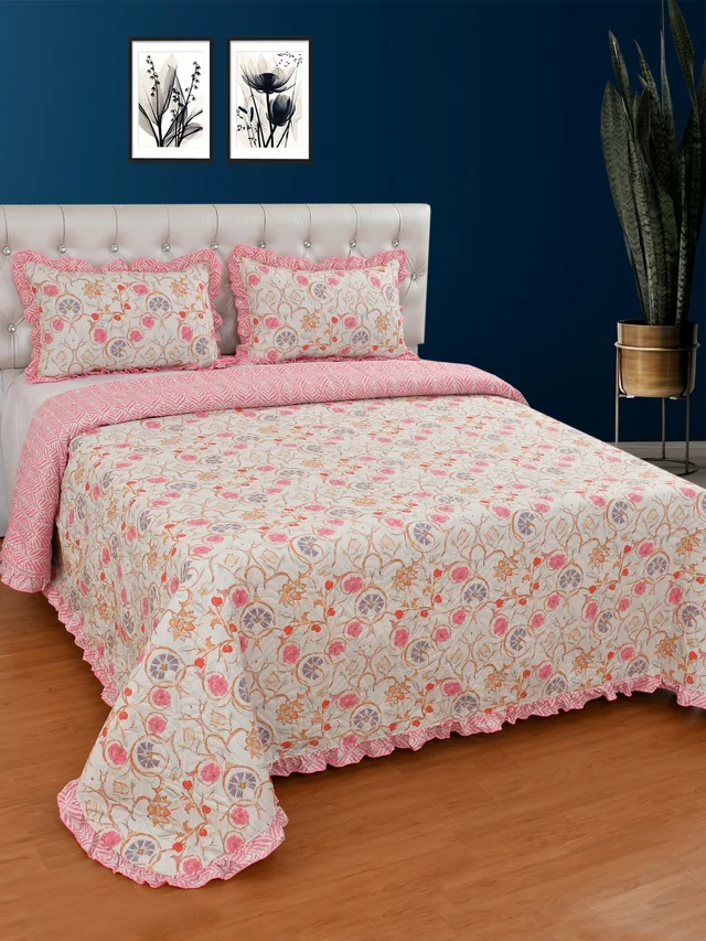 MORADO Glace Cotton Luxury Ultrasonic Printed Lightweight All Season Bedspreads/Quilted Bed Cover With 2 King Size Pillow Covers - (90x100 inches - Off White ) - 90x100 Inches, off white