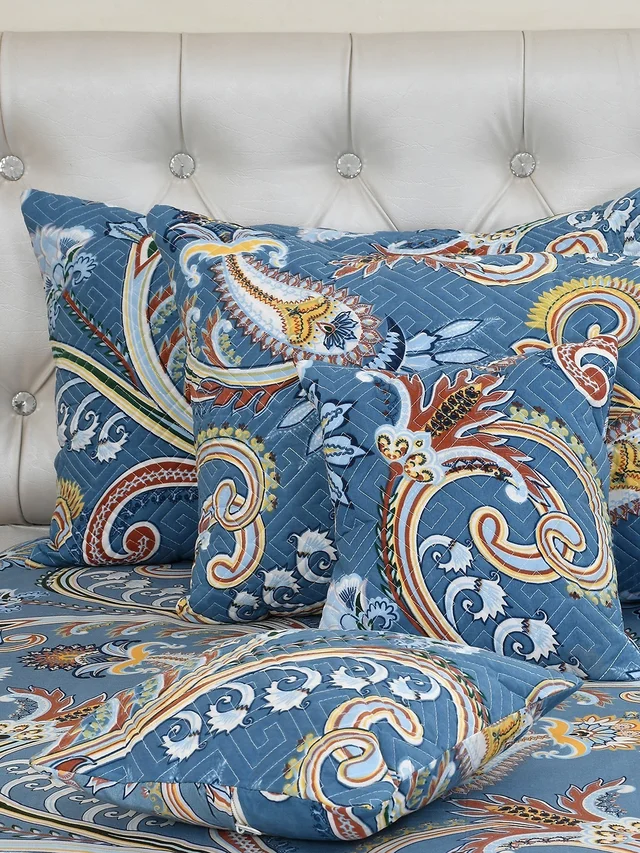 MORADO Glace Cotton 5 Pcs Quilted Bedding Set | Double Bed Size Bedsheet With 2 Pillow Covers And 2 Filled Cushions (90x100 Inches - Blue) - 90x100 Inches, Blue
