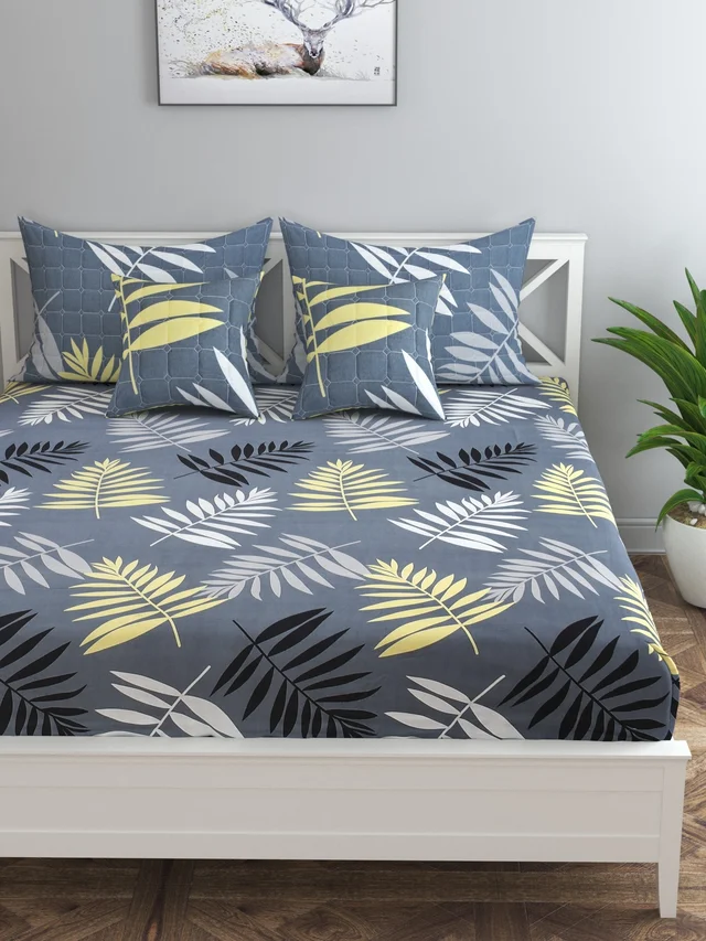MORADO Glace Cotton 5 Pcs Quilted Bedding Set | Double Bed Size Bedsheet with 2 Pillow Covers and 2 Filled Cushions (90x100 Inches - Grey) - 90x100 Inches, Grey