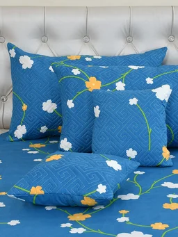MORADO Glace Cotton 5 Pcs Quilted Bedding Set | Double Bed Size Bedsheet with 2 Pillow Covers and 2 Filled Cushions (90x100 Inches - Blue) - 90x100 Inches, Blue