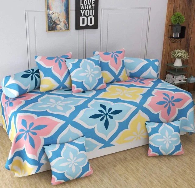 MORADO Glace Cotton 8 Pieces Diwan Set Including 1 Bedsheet, 5 Cushion Covers and 2 Bolster Covers,Blue Yellow - Blue