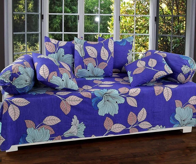 MORADO Glace Cotton 8 Pieces Diwan Set Including 1 Bedsheet, 5 Cushion Covers and 2 Bolster Covers, Purple Leaf - Blue