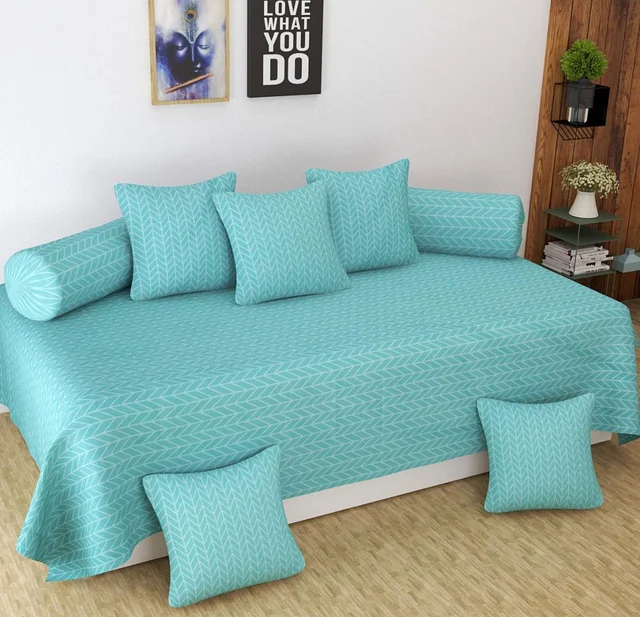 MORADO Glace Cotton 8 Pieces Diwan Set Including 1 Bedsheet, 5 Cushion Covers and 2 Bolster Covers, Green Zig Zag - Green