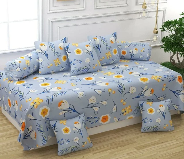 MORADO Glace Cotton 8 Pieces Diwan Set Including 1 Bedsheet, 5 Cushion Covers and 2 Bolster Covers, Multi Color Floral - Grey