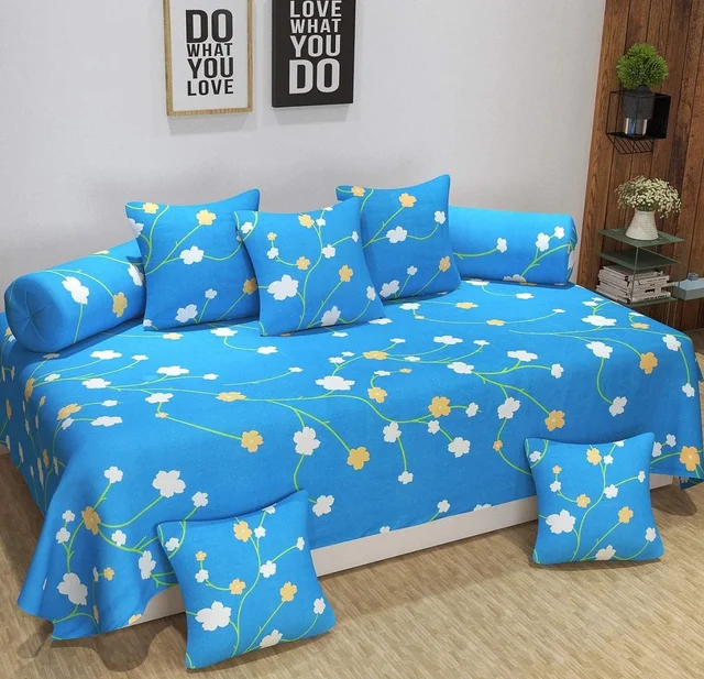 MORADO Glace Cotton 8 Pieces Diwan Set Including 1 Bedsheet, 5 Cushion Covers and 2 Bolster Covers, Blue Yellow Flower - Blue