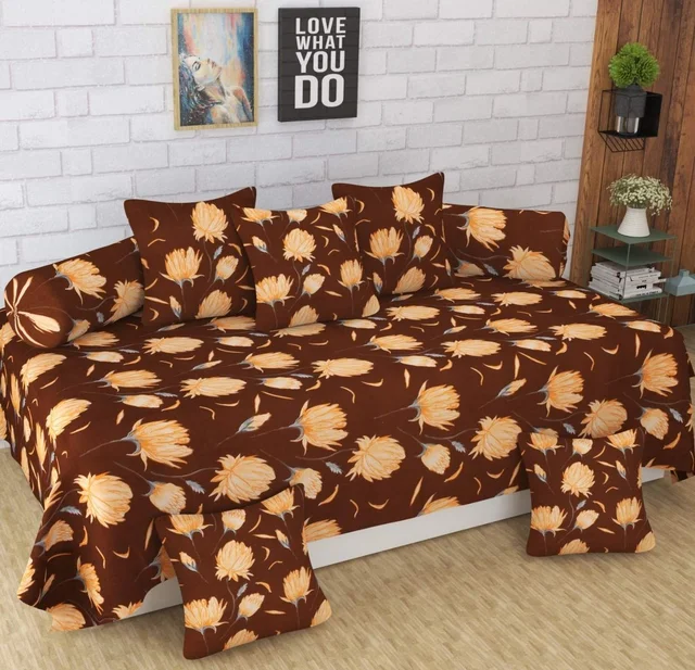 MORADO Glace Cotton 8 Pieces Diwan Set Including 1 Bedsheet, 5 Cushion Covers and 2 Bolster Covers, Brown Yellow Flower - Brown