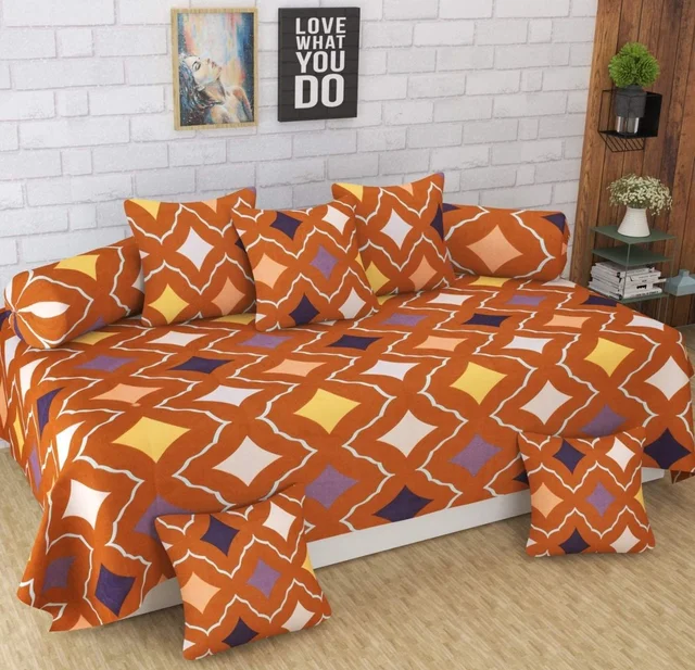 MORADO Glace Cotton 8 Pieces Diwan Set Including 1 Bedsheet, 5 Cushion Covers and 2 Bolster Covers, Multi - Brown