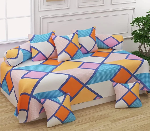 MORADO GlaceCotton 8 Pieces Diwan Set Including 1 Bedsheet, 5 Cushion Covers and 2 Bolster Covers,Color Full Blocks - Multicolor