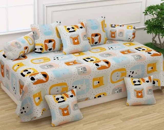 MORADO Glace Cotton 8 Pieces Diwan Set Including 1 Bedsheet, 5 Cushion Covers and 2 Bolster Covers, White Cartoon - Offwhite