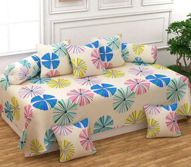 MORADO Glace Cotton 8 Pieces Diwan Set Including 1 Bedsheet, 5 Cushion Covers and 2 Bolster Covers, Light Yellow - Offwhite