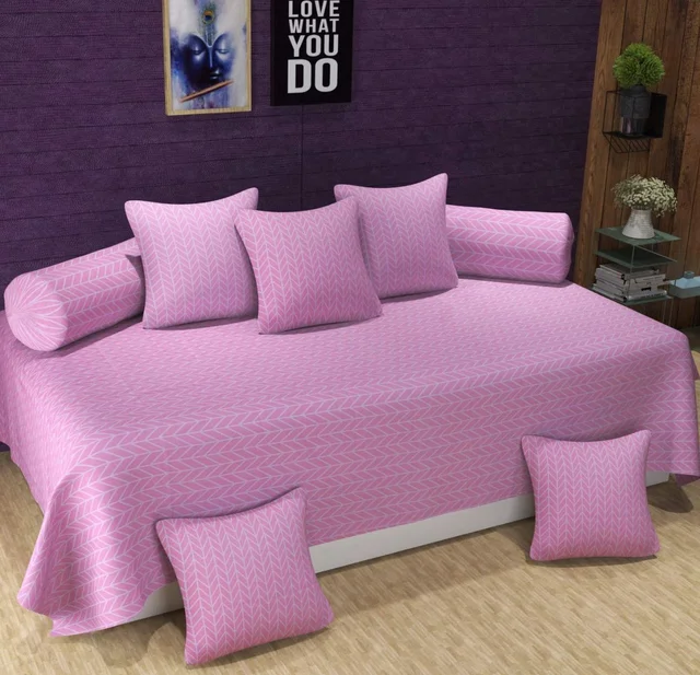 MORADO Glace Cotton 8 Pieces Diwan Set Including 1 Bedsheet, 5 Cushion Covers and 2 Bolster Covers, Pink Zig Zag - Pink