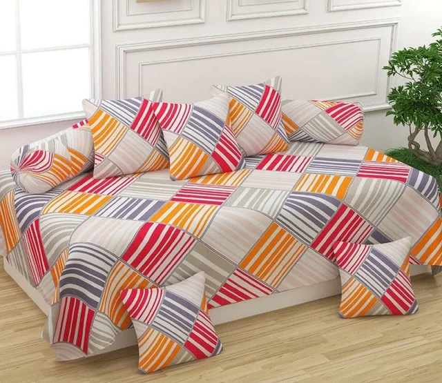 MORADO Glace Cotton 8 Pieces Diwan Set Including 1 Bedsheet, 5 Cushion Covers and 2 Bolster Covers, Multi Color Lines - Multicolor