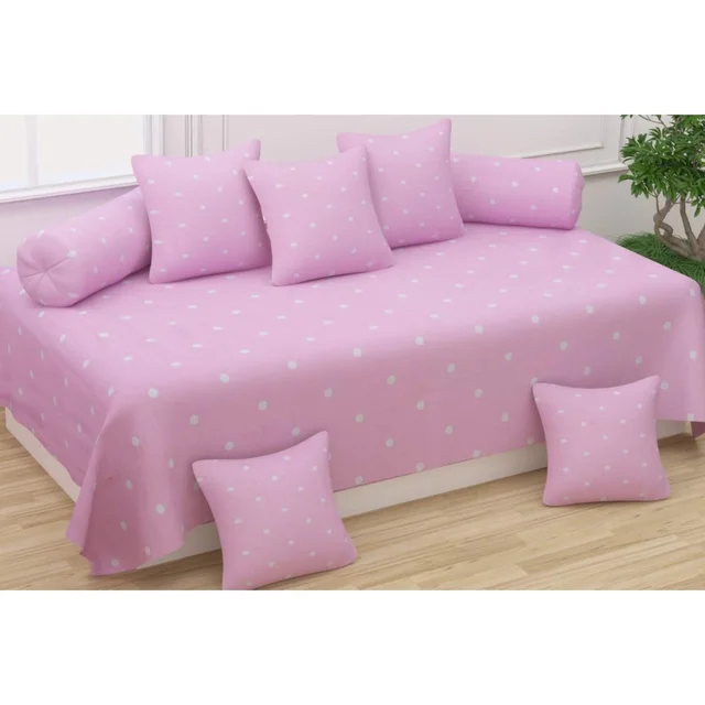 MORADO Glace Cotton 8 Pieces Diwan Set Including 1 Bedsheet, 5 Cushion Covers and 2 Bolster Covers, Pink White Dots - Pink