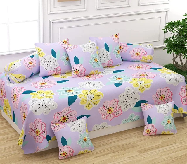 MORADO Glace Cotton 8 Pieces Diwan Set Including 1 Bedsheet, 5 Cushion Covers and 2 Bolster Covers, Purple Yellow Flower - Pink