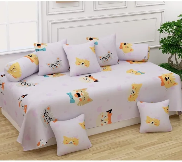 MORADO Glace Cotton 8 Pieces Diwan Set Including 1 Bedsheet, 5 Cushion Covers and 2 Bolster Covers, Purple Cat - Pink