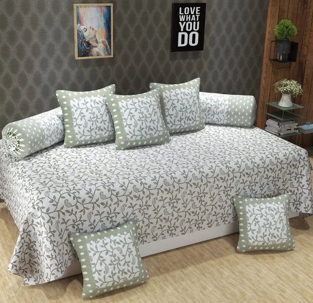 MORADO 100 % Sheeting Cotton 8 Pieces Diwan Set Including 1 Bedsheet, 5 Cushion Covers and 2 Bolster Covers, Green - Green