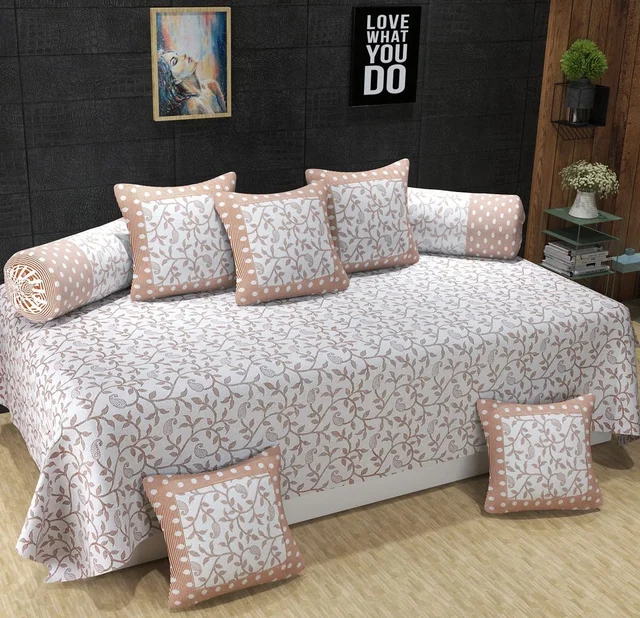 MORADO 100 % Sheeting Cotton 8 Pieces Diwan Set Including 1 Bedsheet, 5 Cushion Covers and 2 Bolster Covers, Rust - Brown