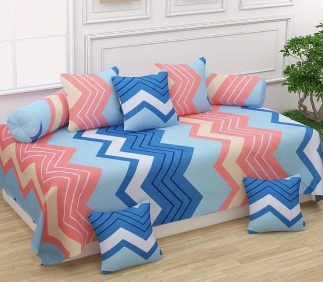 MORADO Glace Cotton 8 Pieces Diwan Set Including 1 Bedsheet, 5 Cushion Covers and 2 Bolster Covers,Zig Zag - Multicolor