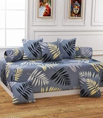 MORADO Glace Cotton 8 Pieces Diwan Set Including 1 Bedsheet, 5 Cushion Covers and 2 Bolster Covers, Charcoal - Grey