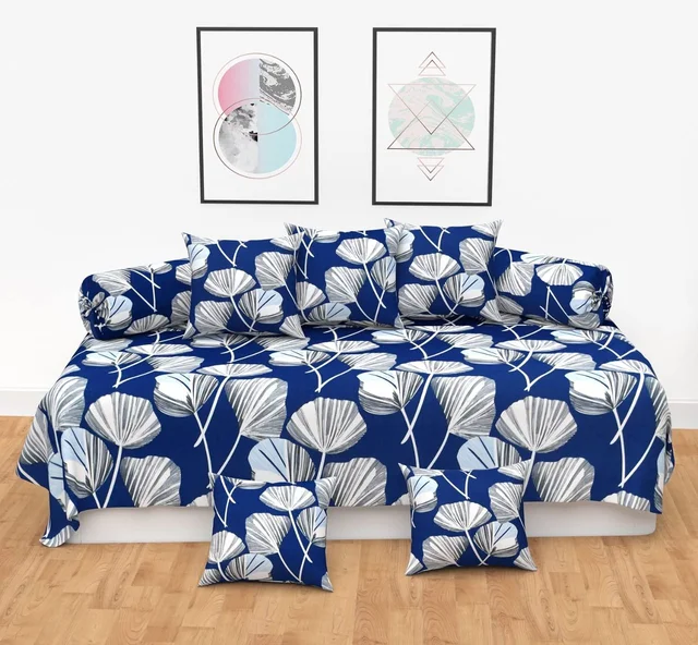 MORADO Glace Cotton 8 Pieces Diwan Set Including 1 Bedsheet, 5 Cushion Covers and 2 Bolster Covers, Blue White - Blue