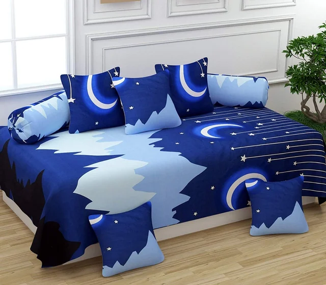 MORADO Glace Cotton 8 Pieces Diwan Set Including 1 Bedsheet, 5 Cushion Covers and 2 Bolster Covers, Dark Blue - Blue