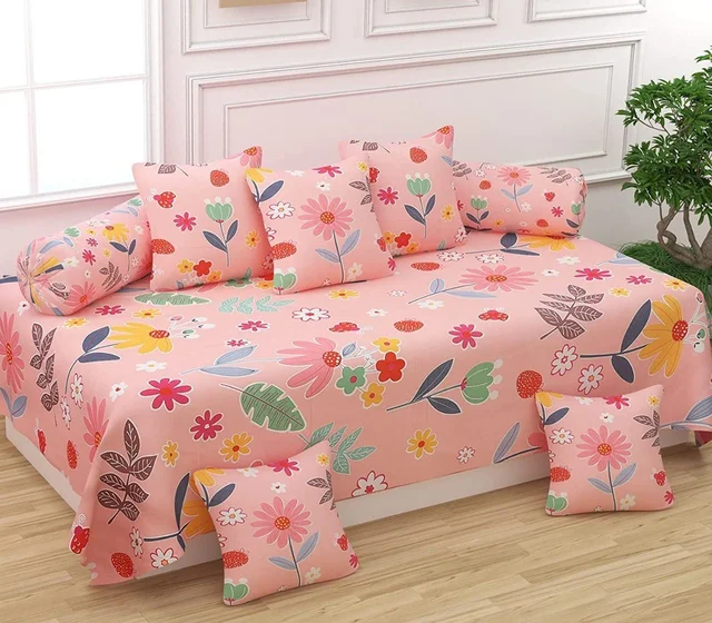 MORADO Glace Cotton 8 Pieces Diwan Set Including 1 Bedsheet, 5 Cushion Covers and 2 Bolster Covers, Pink Floral - Pink