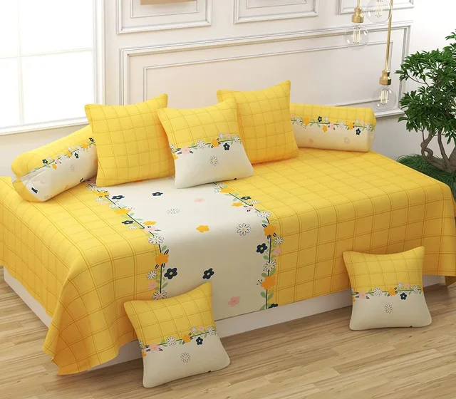 MORADO Glace Cotton 8 Pieces Diwan Set Including 1 Bedsheet, 5 Cushion Covers and 2 Bolster Covers, Yellow - Yellow