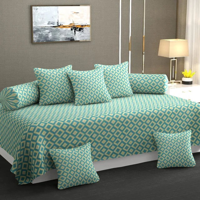MORADO Glace Cotton 8 Pieces Diwan Set Including 1 Bedsheet, 5 Cushion Covers and 2 Bolster Covers, Green - Green