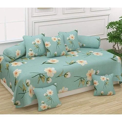 MORADO Glace Cotton 8 Pieces Diwan Set Including 1 Bedsheet, 5 Cushion Covers and 2 Bolster Covers,Green - Green