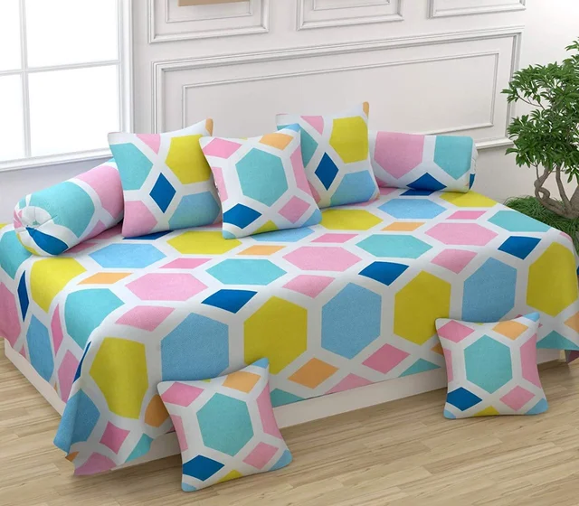 MORADO Glace Cotton 8 Pieces Diwan Set Including 1 Bedsheet, 5 Cushion Covers and 2 Bolster Covers, Hexa - Multicolor