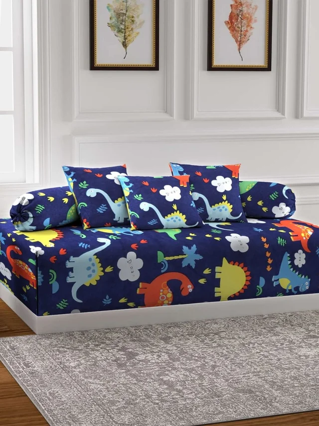 MORADO Glace Cotton 8 Pieces Diwan Set Including 1 Bedsheet, 5 Cushion Covers and 2 Bolster Covers, Blue Cartoon Print - Blue