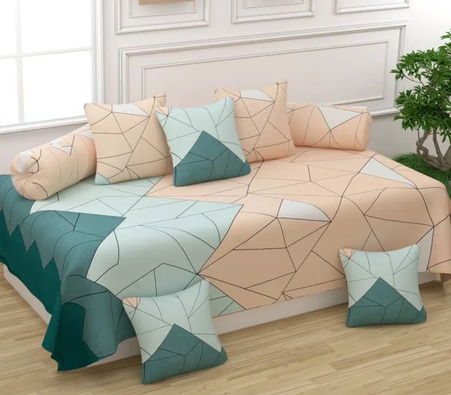 MORADO Glace Cotton 8 Pieces Diwan Set Including 1 Bedsheet, 5 Cushion Covers and 2 Bolster Covers, Multi Color - Multicolor