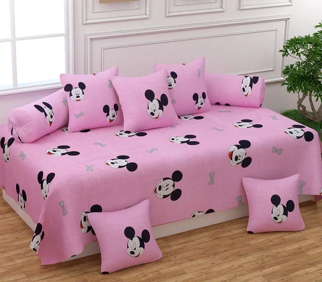 MORADO Glace Cotton 8 Pieces Diwan Set Including 1 Bedsheet, 5 Cushion Covers and 2 Bolster Covers, Pink Micky - Pink