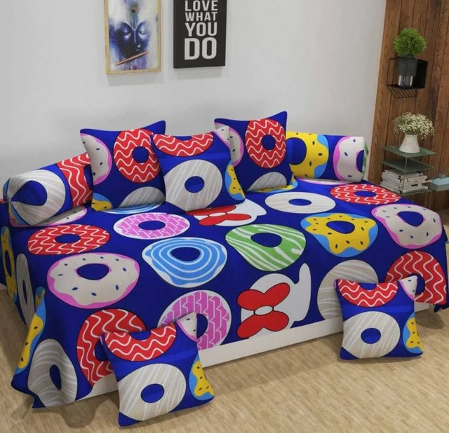 MORADO Glace Cotton 8 Pieces Diwan Set Including 1 Bedsheet, 5 Cushion Covers and 2 Bolster Covers, Multicolor - Blue
