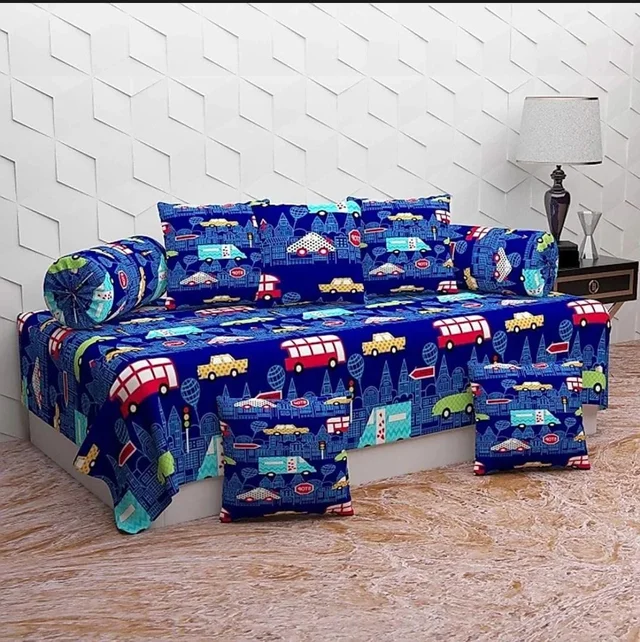 MORADO Glace Cotton 8 Pieces Diwan Set Including 1 Bedsheet, 5 Cushion Covers and 2 Bolster Covers, Blue Cartoon - Blue