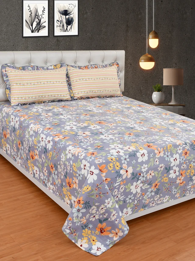 MORADO Glace Cotton King Size Bedsheet with 2 Pillow Covers with Frill (108x108, Inches) - 108x108 Inches, Grey