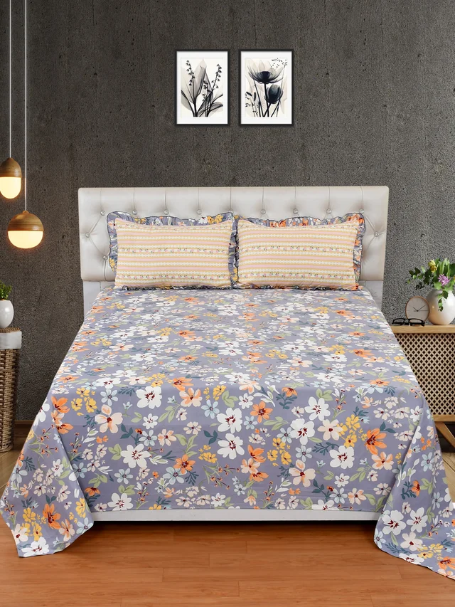 MORADO Glace Cotton King Size Bedsheet with 2 Pillow Covers with Frill (108x108, Inches) - 108x108 Inches, Grey