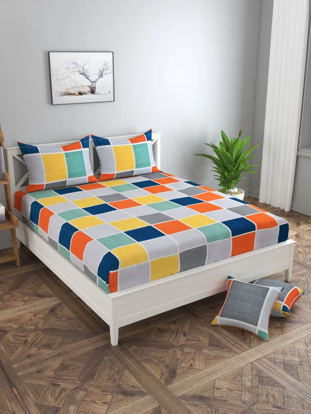 MORADO Glace Cotton 5 Pcs Quilted Bedding Set | Double Bed Size Bedsheet with 2 Pillow Covers and 2 Filled Cushions (90x100 Inches - Orange) - 90x100 Inches, Orange