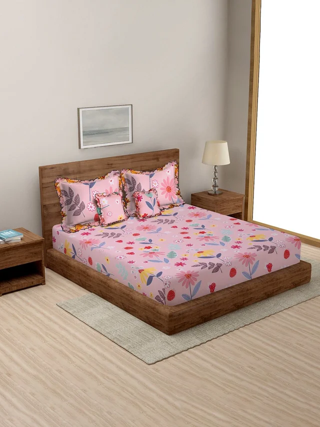 MORADO Glace Cotton 5 Pcs Frill Bedding Set | Double Bed Size Bedsheet with 2 Pillow Covers and 2 Filled Cushions (90x100 Inches - Pink) - 90x100 Inches, Pink