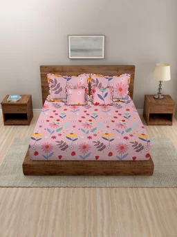MORADO Glace Cotton 5 Pcs Frill Bedding Set | Double Bed Size Bedsheet with 2 Pillow Covers and 2 Filled Cushions (90x100 Inches - Pink) - 90x100 Inches, Pink