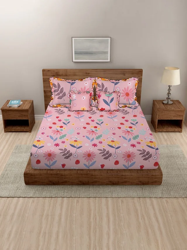MORADO Glace Cotton 5 Pcs Frill Bedding Set | Double Bed Size Bedsheet with 2 Pillow Covers and 2 Filled Cushions (90x100 Inches - Pink) - 90x100 Inches, Pink