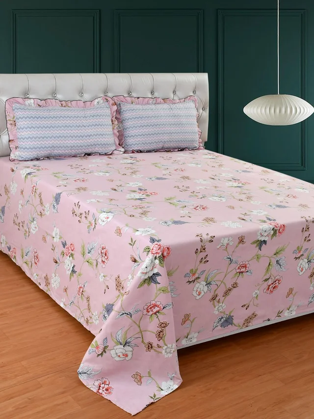 MORADO Glace Cotton King Size Bedsheet with 2 Pillow Covers with Frill (108x108, Inches) - 108x108 Inches, Pink