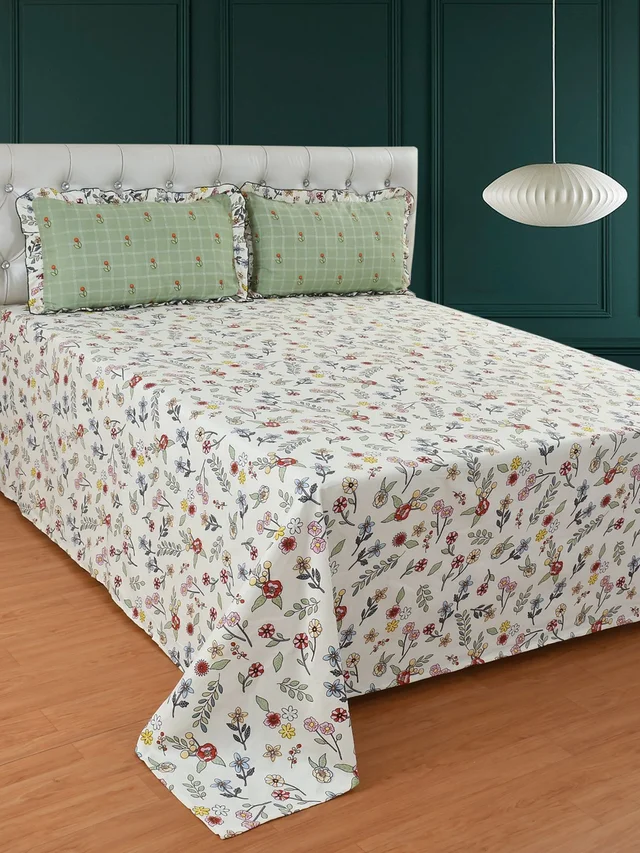 MORADO Glace Cotton King Size Bedsheet with 2 Pillow Covers with Frill (108x108, Inches) - 108x108 Inches, Offwhite