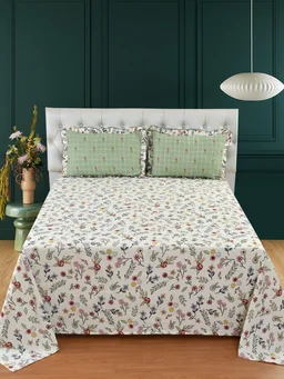 MORADO Glace Cotton King Size Bedsheet with 2 Pillow Covers with Frill (108x108, Inches) - 108x108 Inches, Offwhite