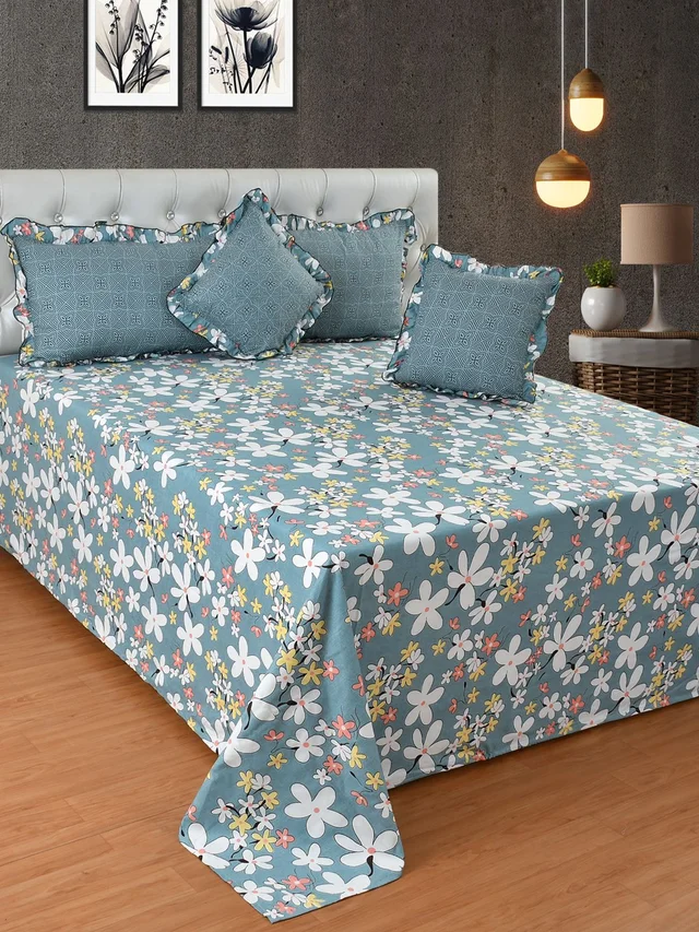 MORADO Glace Cotton 5 Pcs Frill Bedding Set | Double Bed Size Bedsheet With 2 Pillow Covers And 2 Filled Cushions (108x108 Inches - Blue) - 108x108 Inches, Blue