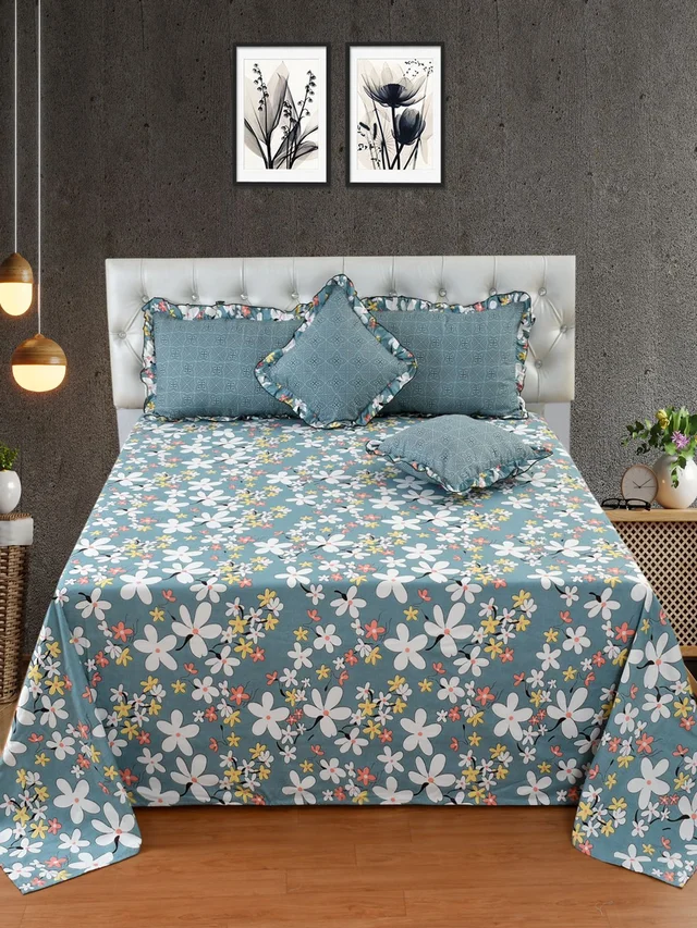 MORADO Glace Cotton 5 Pcs Frill Bedding Set | Double Bed Size Bedsheet With 2 Pillow Covers And 2 Filled Cushions (108x108 Inches - Blue) - 108x108 Inches, Blue