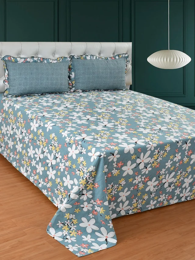 MORADO Glace Cotton King Size Bedsheet with 2 Pillow Covers with Frill (108x108, Inches) - 108x108 Inches, Grey